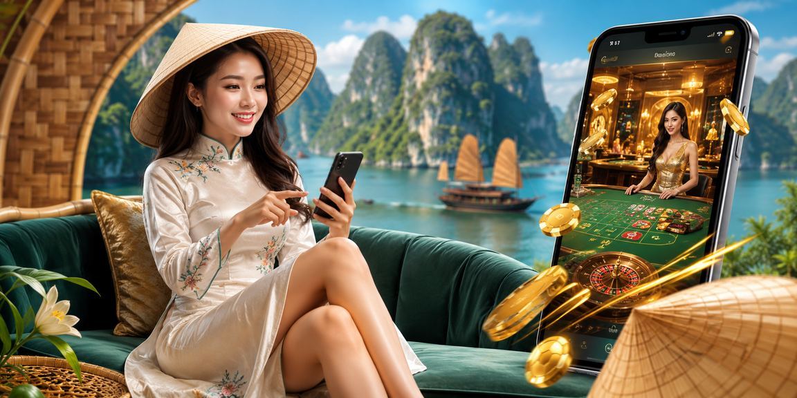 Du khách đội nón lá tại vịnh Hạ Long dùng điện thoại xem ưu đãi casino và khuyến mãi trực tuyến